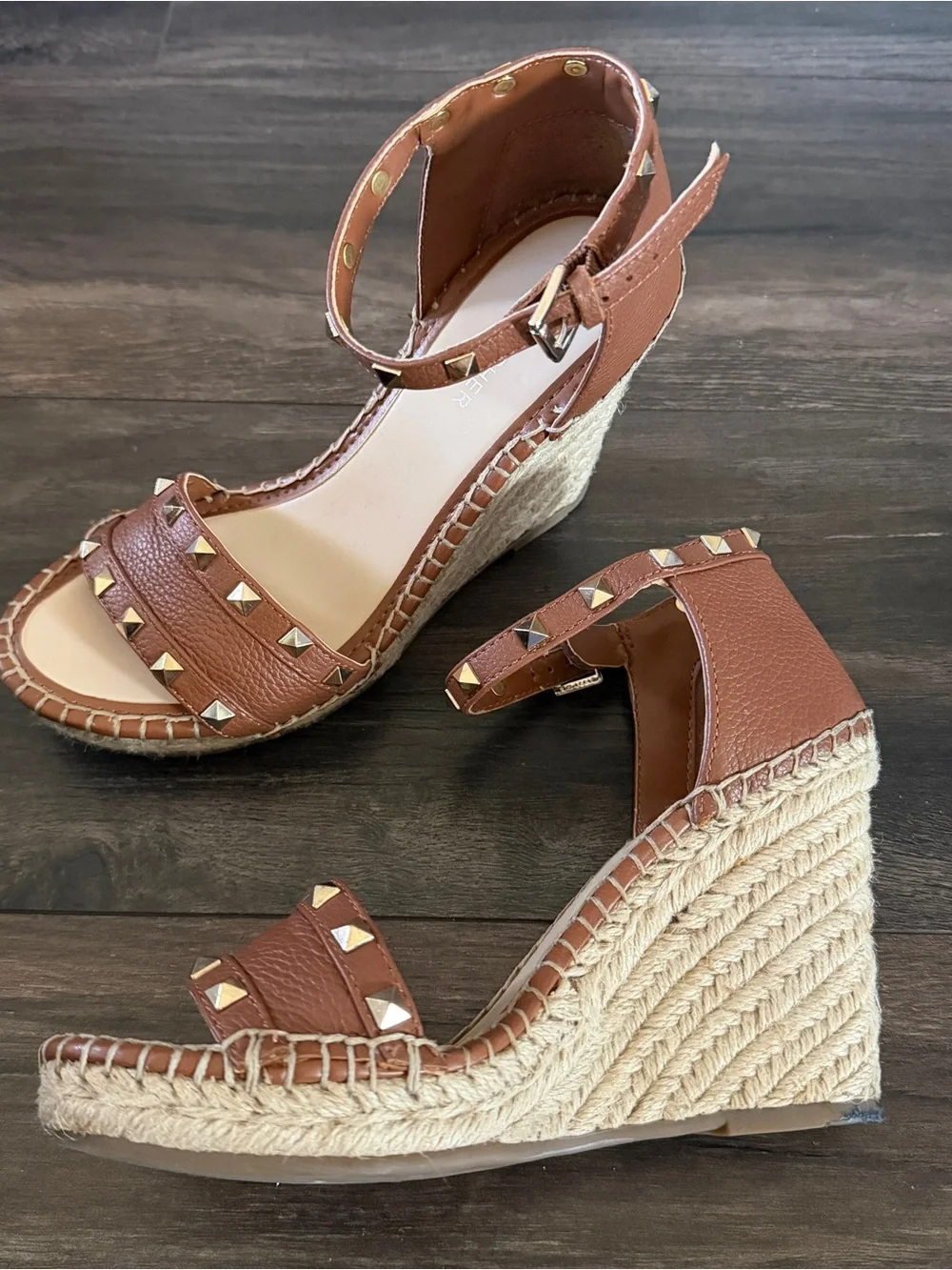 Marc Fisher Brown Leather Studded Espadrille Wedges Sandal